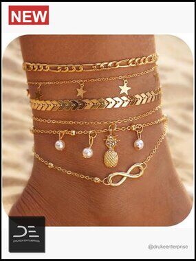 14K Gold Plated Anklet Set Layered Infinite Anklets Adjustable Foot Chain